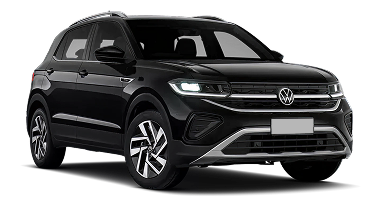 Volkswagen SUV preto em estúdio, com destaque para a grade frontal e faróis de LED, mostrando detalhes de design e rodas, em fundo escuro.