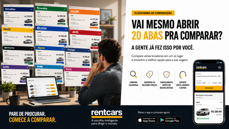 Homem compara preços e condições de aluguel de carros em várias abas de locadoras antes de usar a Rentcars.