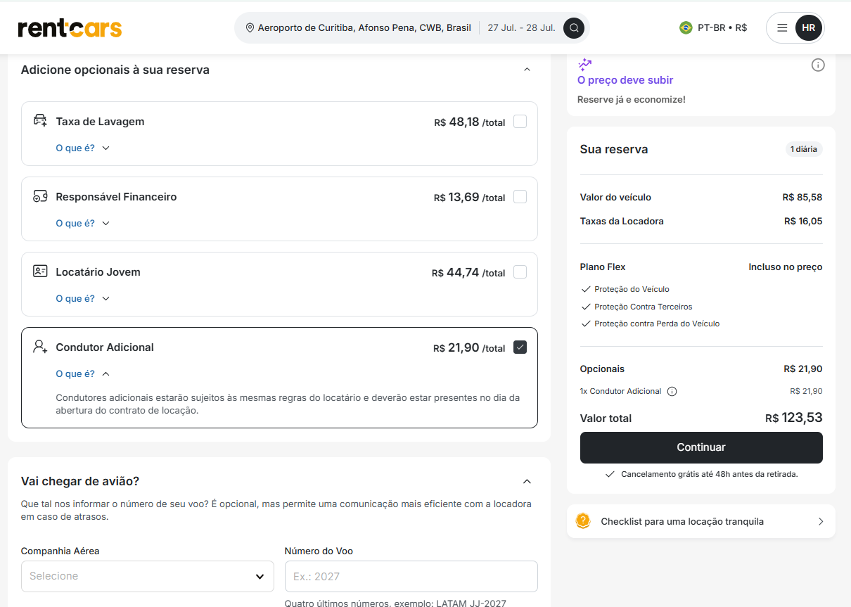 Tela de reserva do site rentcars com adicionais de locação, como taxa de lavagem, responsável financeiro, localização Joven e condutor adicional, além do resumo de valores e botão para continuar.
