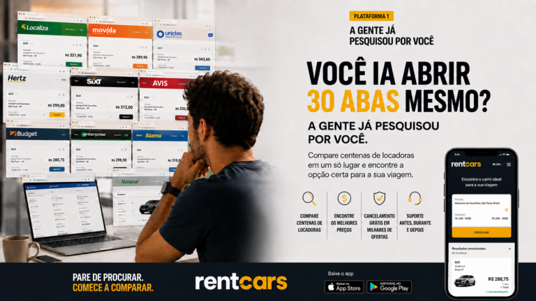 Homem compara preços e condições de aluguel de carros em várias abas de locadoras antes de usar a Rentcars.